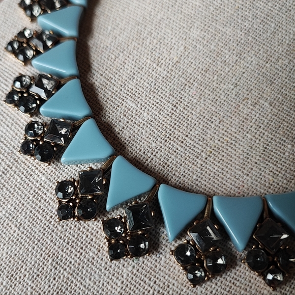 J. Crew Art Deco Revival Triangle Cornflower Blue Brass Smoke Stone Necklace EUC - Picture 6 of 10